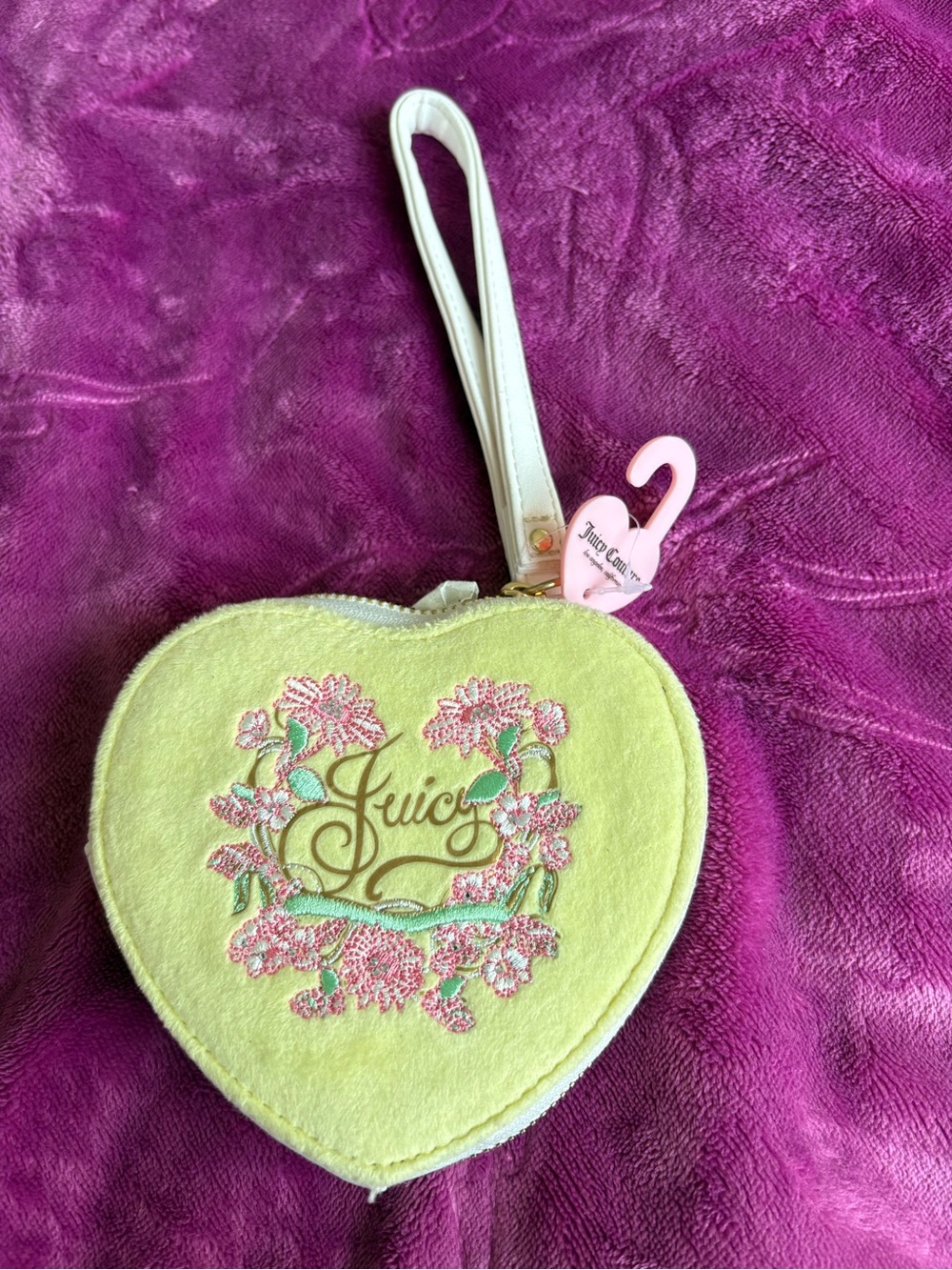 Juicy Couture Yellow Heart Wristlet with Pink Floral Embroidery